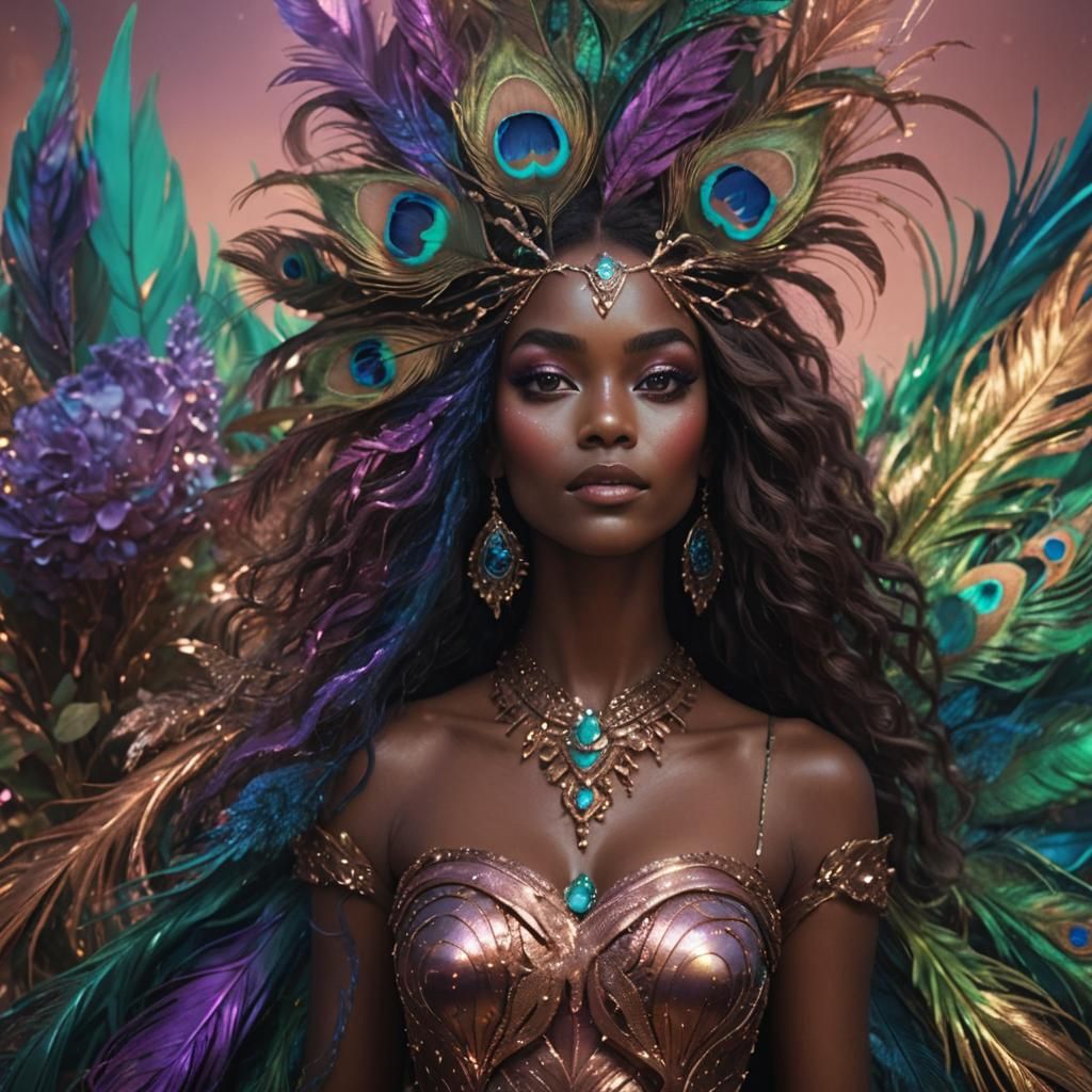 Iridescent Woman with Peacock Feathers: Digital Art