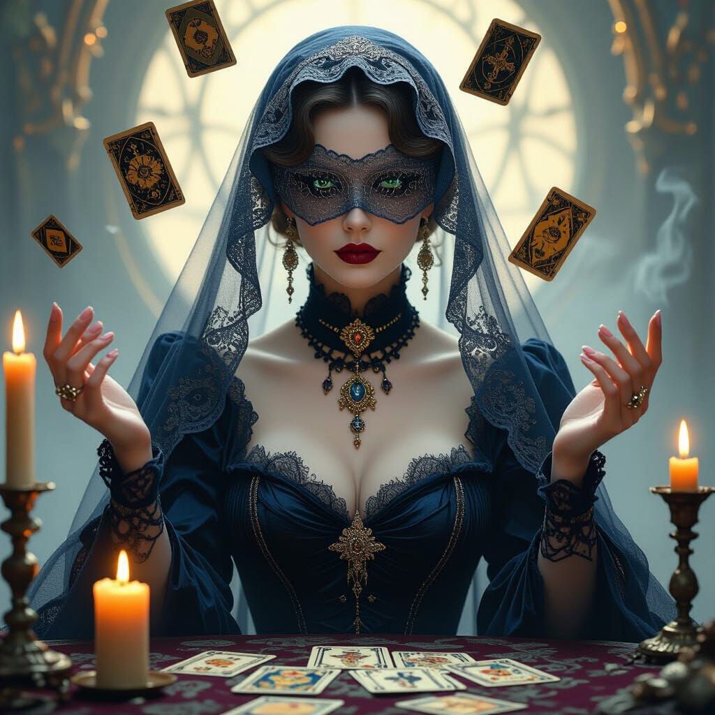 Victorian Fortune-Teller with Tarot Cards in Misty Light