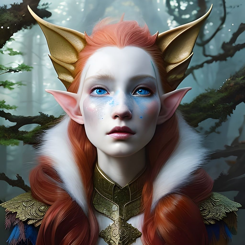Detailed Portrait of a Red-Haired Elf in Sunny Forest