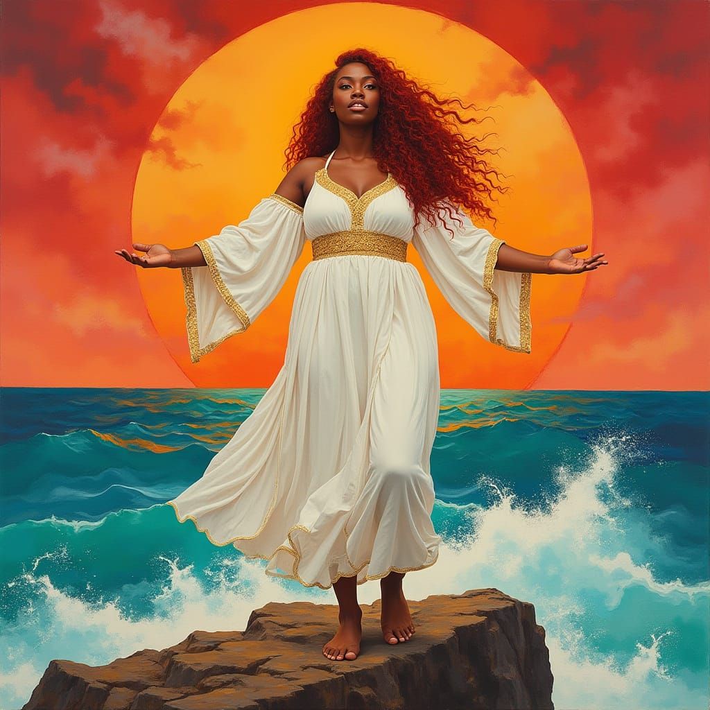 Woman on Rocks at Sunset: Gouache Watercolor Impressionist S...