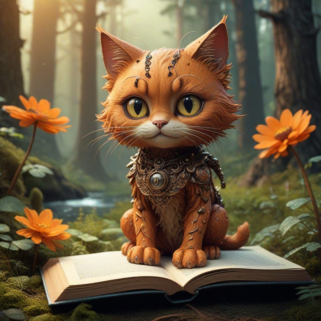 Whimsical Metal Cat Robot in Mystical Forest
