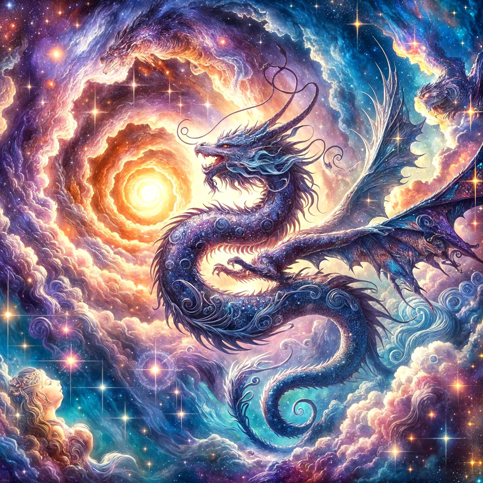 Majestic Dragon Soars Through Cosmic Nebula in Watercolor Ar...