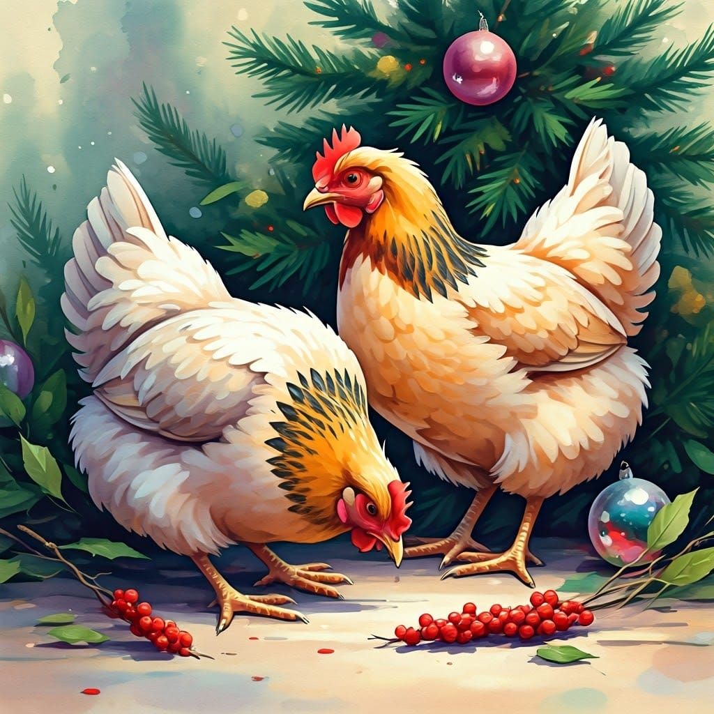 French Hens in Festive Watercolor Christmas Scene