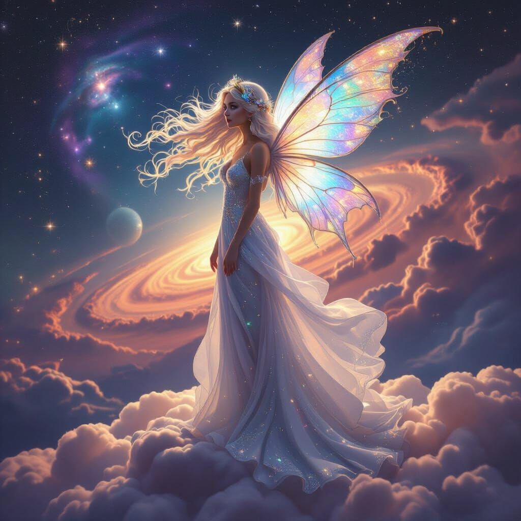 Celestial Fairy Overlooking Galaxy in Art Nouveau Style