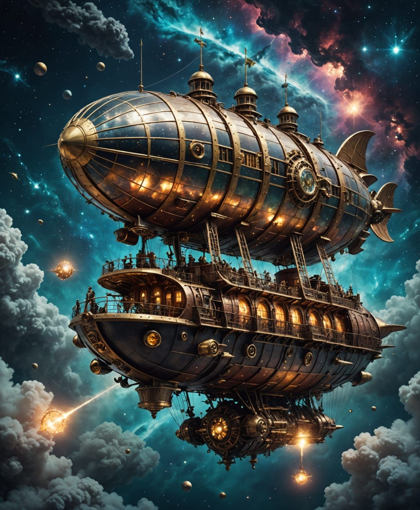 Steampunk Airship Drifting Through Cosmic Nebula