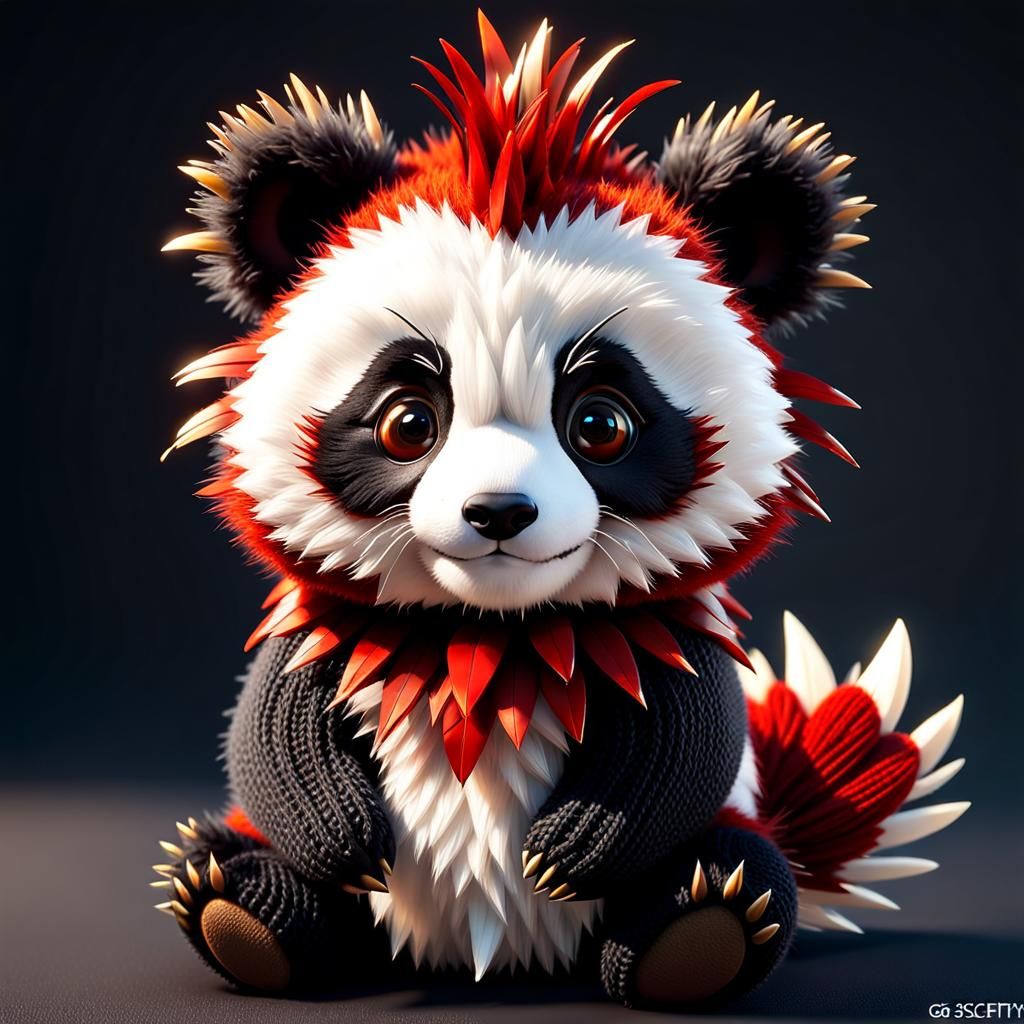 Cute Red Baby Panda with Mohawk, Knitted Yarn Style