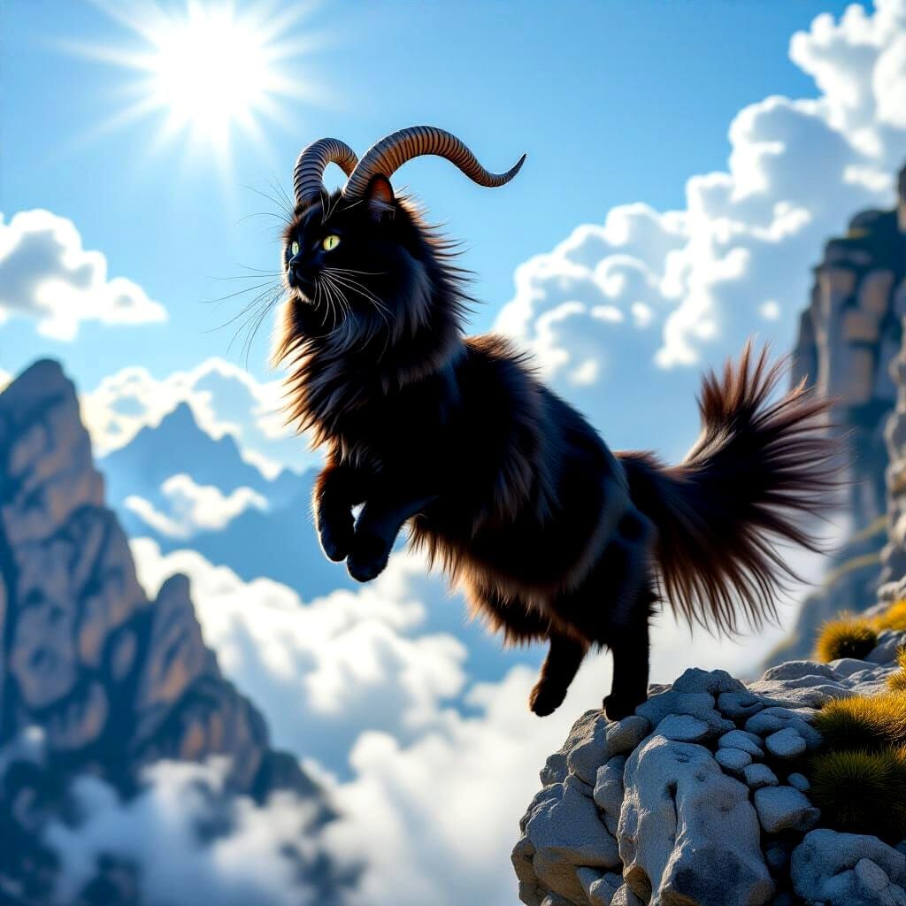 Capricorn Cat Leaps Across Mountain Cliffs