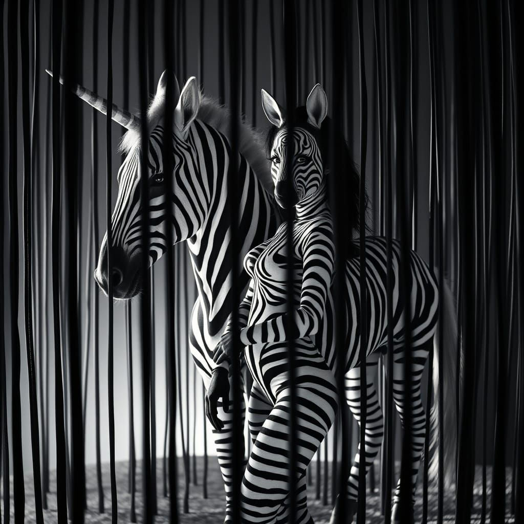 Woman in Striped Onesie and Bodypaint Merges with Zebra Unic...
