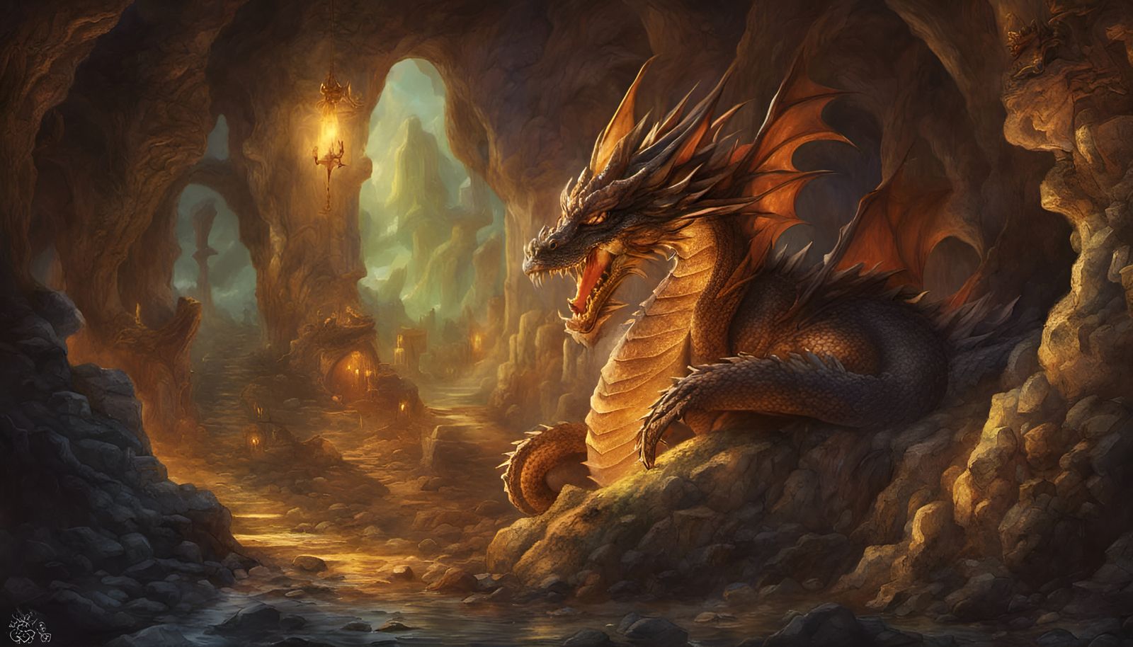 Dragon's Luminous Lair: depicts Dragon's Lair, soft diffussion technique, emphasis in high definition, ultra-realism, dr...