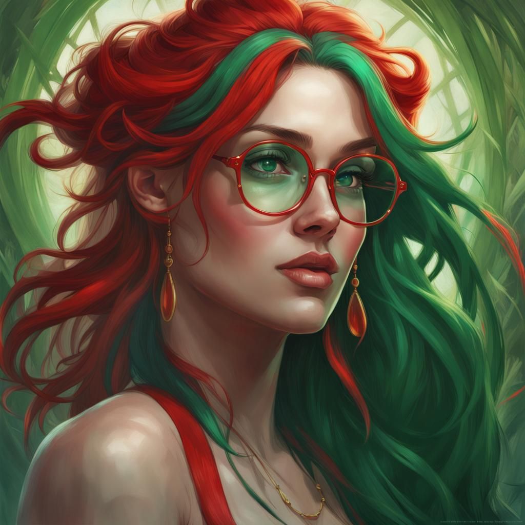 Green-Haired Woman in Red Costume, Detailed Portrait