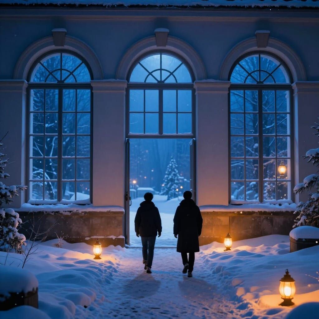Arched Windows Reveal Snowy Path with Silhouetted Travelers