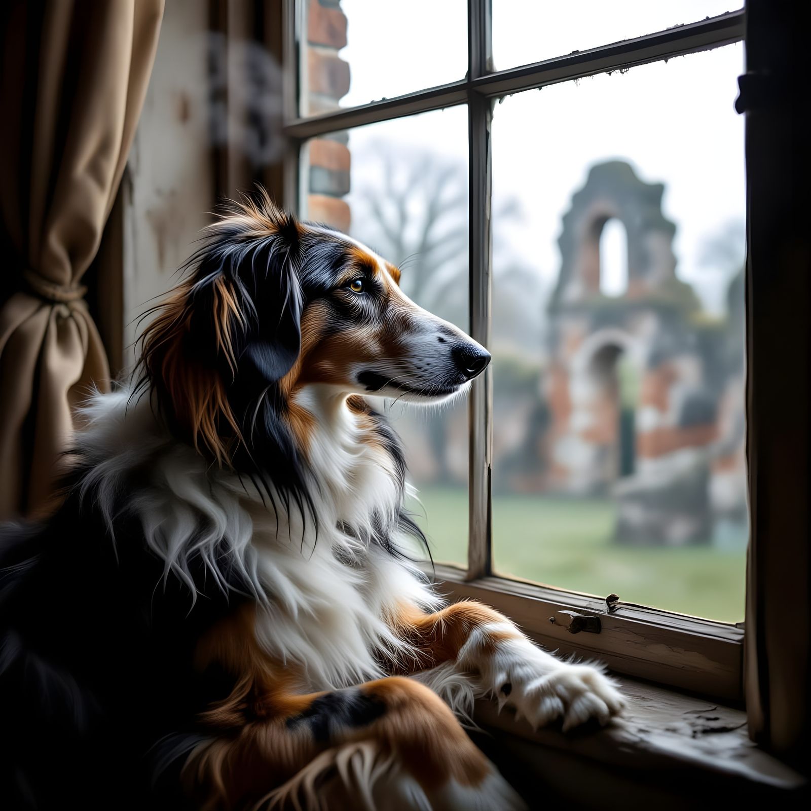 Elderly Borzoi in Double Exposure with Ancient Ruins