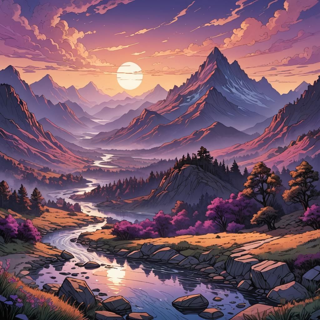 Purple Mountain Sunset Sunrise in Comic Book Style