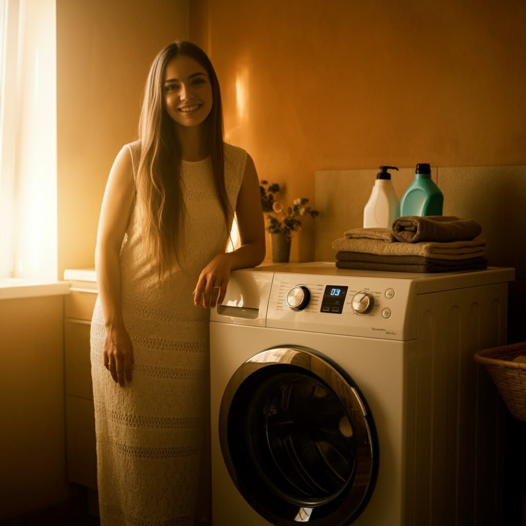 Elegant Woman in Front of Modern Washing Machine