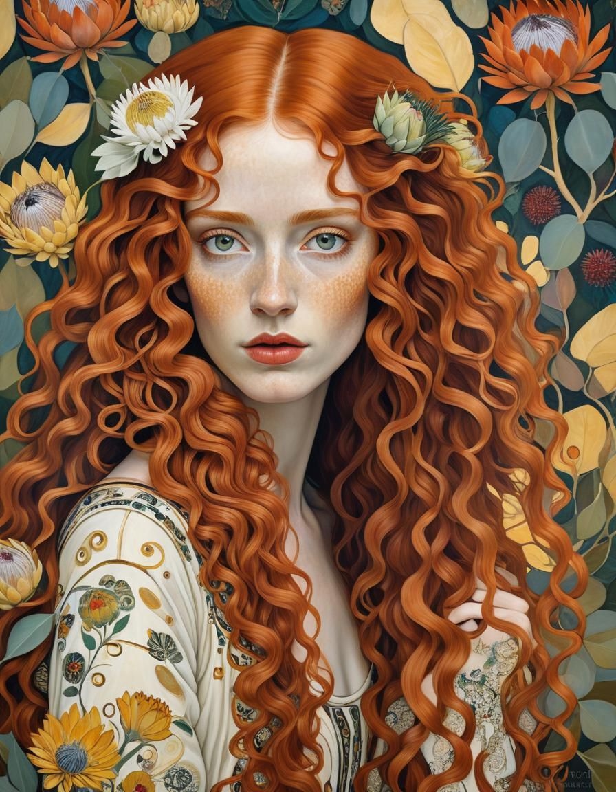 Portrait of Red-Haired Girl in Klimt Style