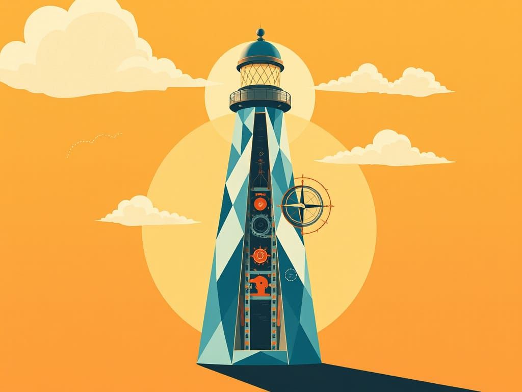 Vintage Futuristic Lighthouse Scene in Educational Poster St...