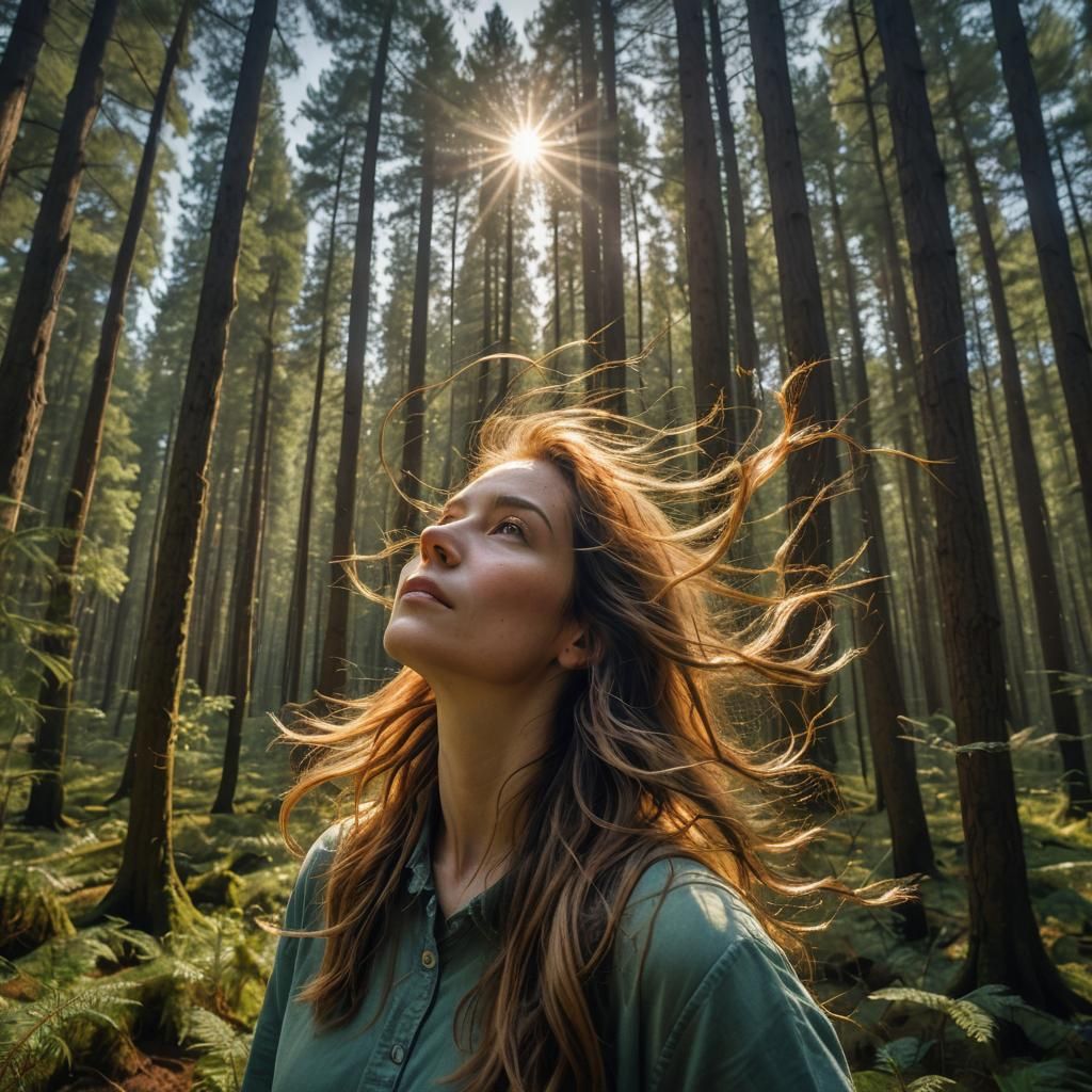 Woman Planting Sun in Forest: Astrophotography Style