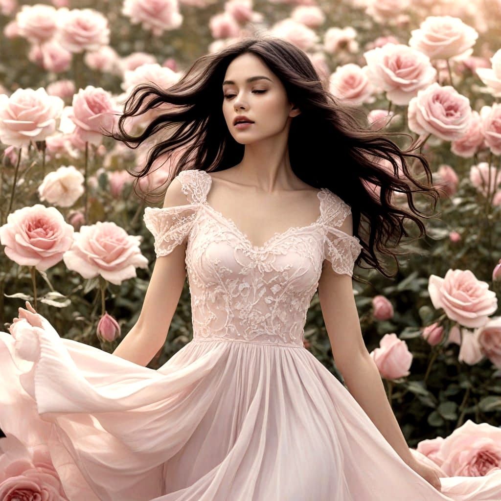 Woman Dancing in Rose Field: Ethereal Fantasy Realism