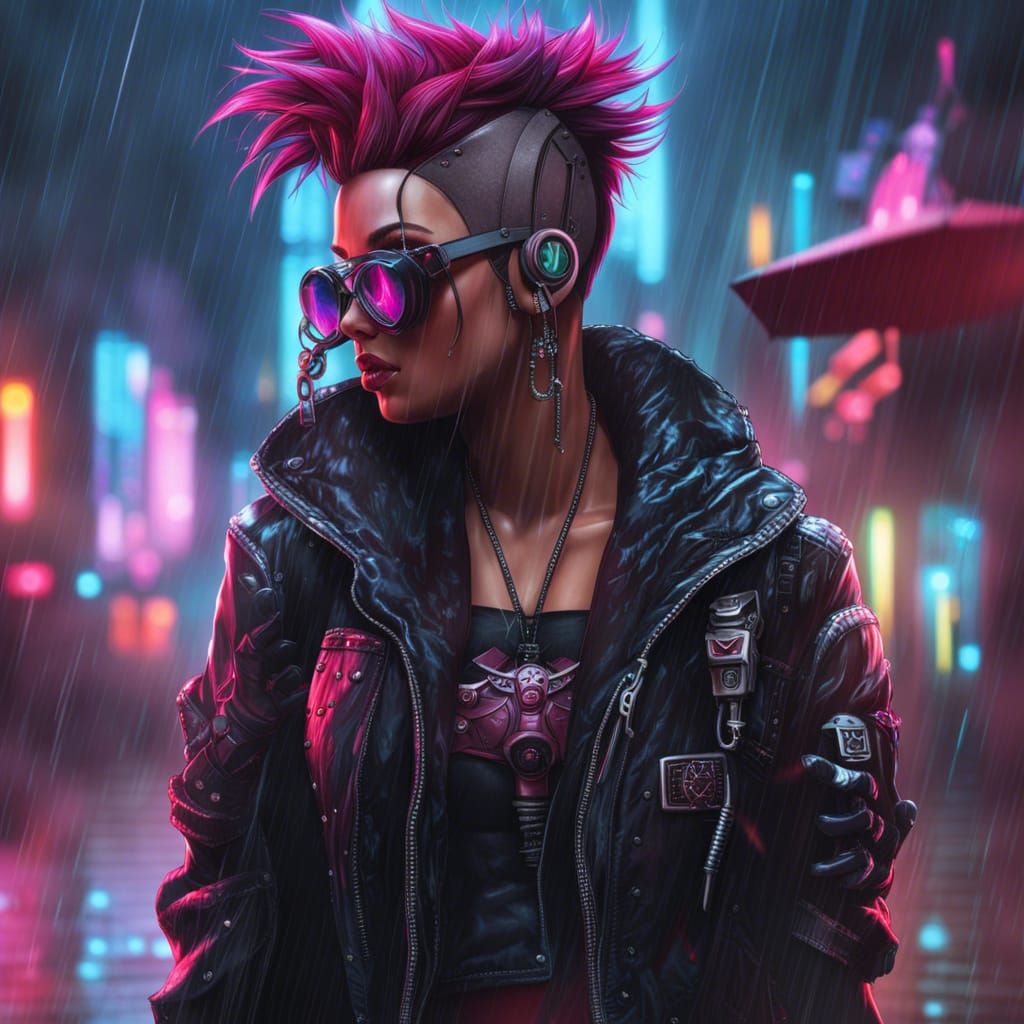 Cyberpunk Girl in Rainy Synthwave Cityscape