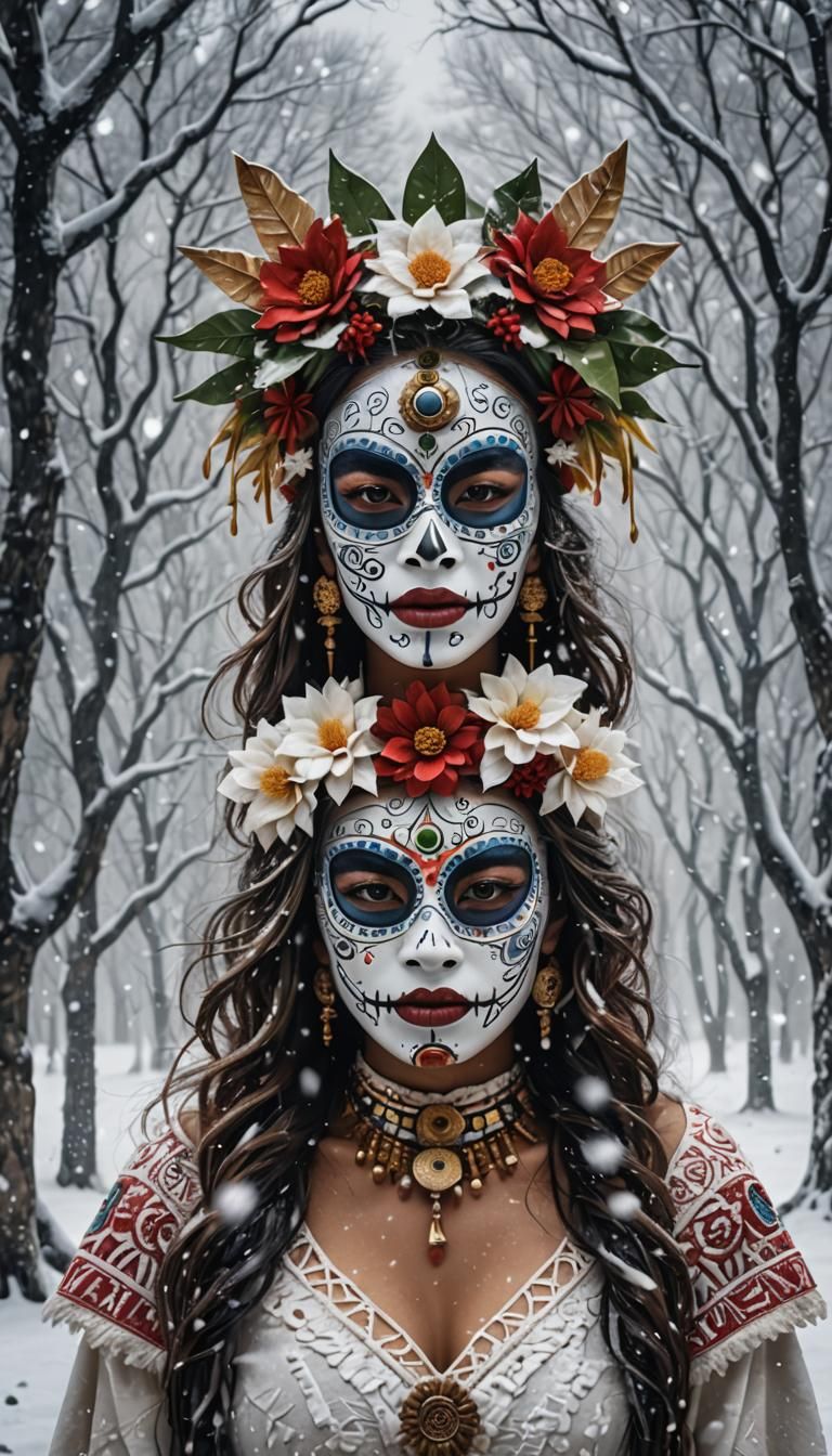 awe-inspiring lady donning traditional Mayan voodoo mask, Vo...