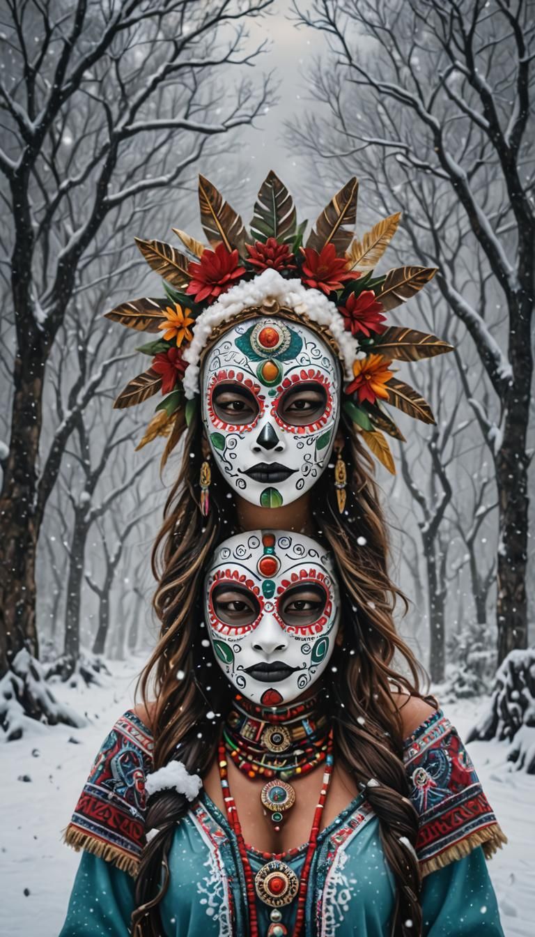 awe-inspiring lady donning traditional Mayan voodoo mask, Vo...