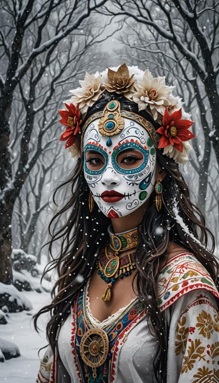 awe-inspiring lady donning traditional Mayan voodoo mask, Vo...