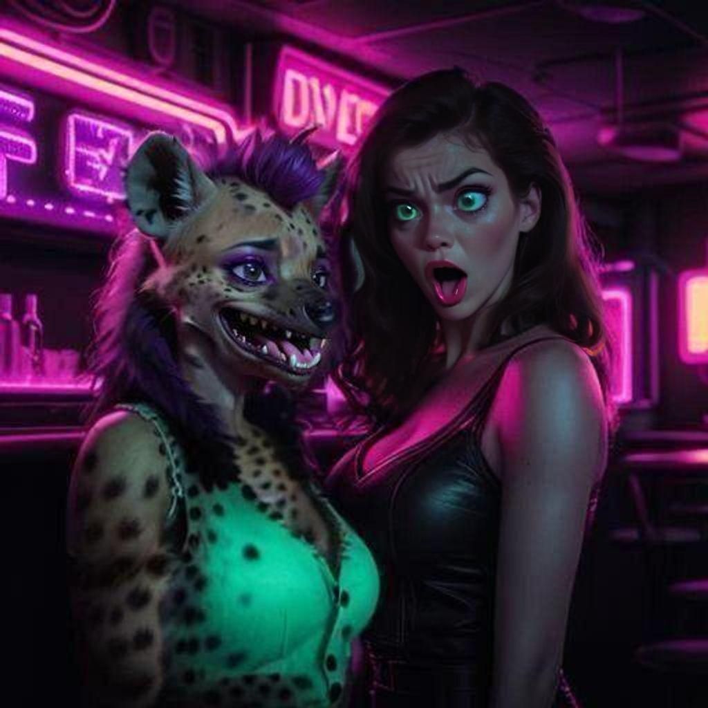 Photorealistic Close-up: Two Women in Neon Dive Bar