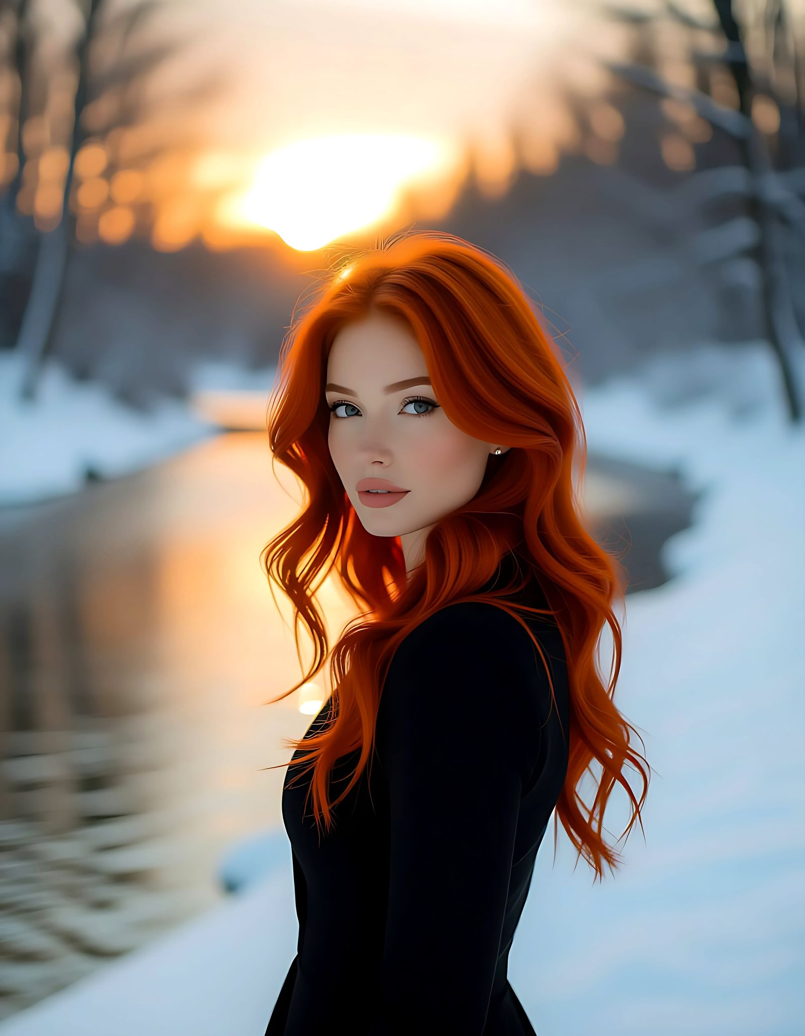 Woman with Fiery Hair at Majestic Winter Sunset