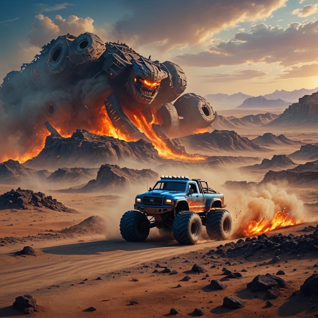 Monster Truck Races Across Fiery Mystical Desert