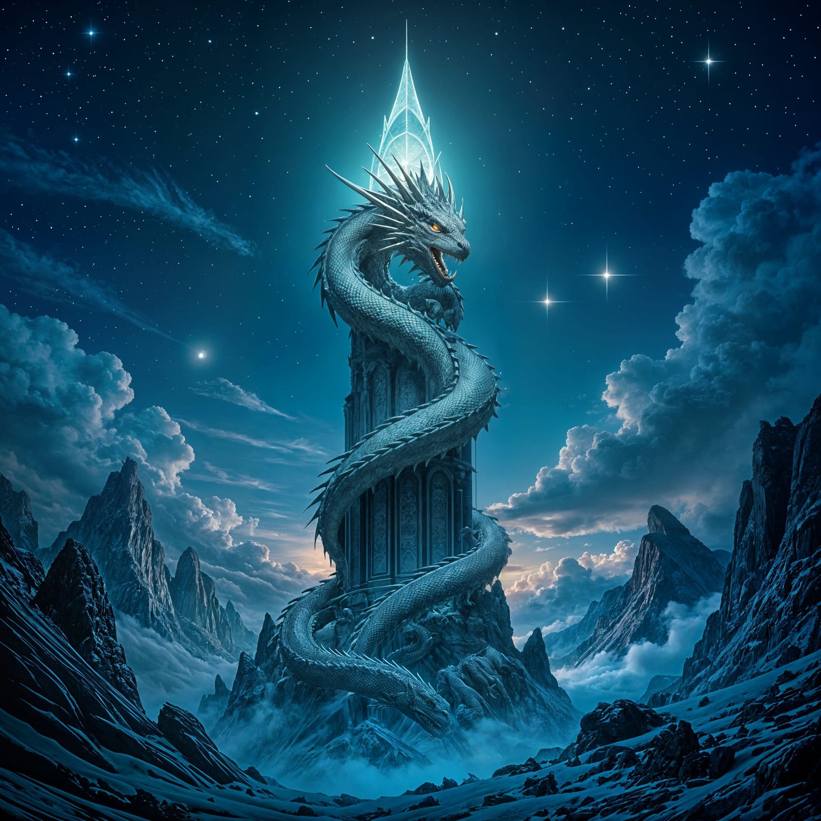 Majestic Dragon Guards Ancient Watchtower