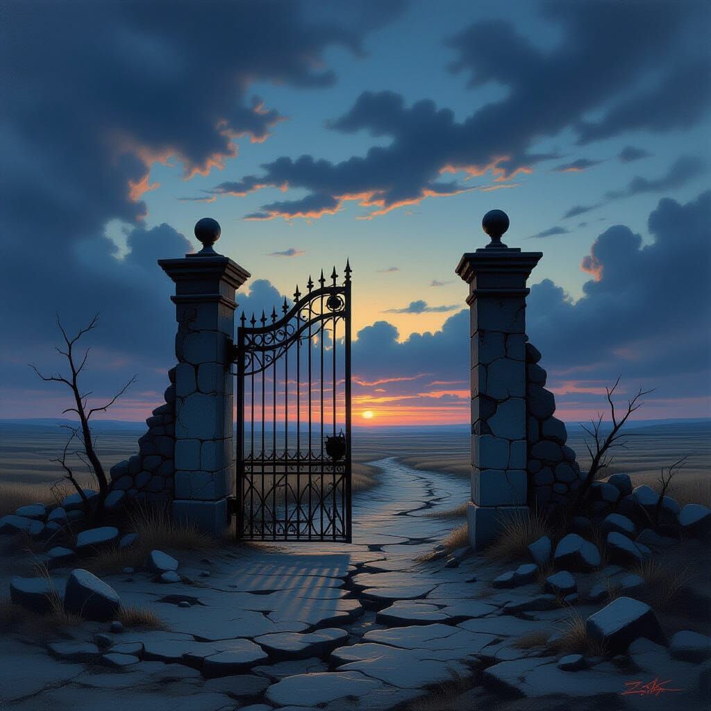 Ancient Gate in Desolate Wasteland Under Twilight Sky