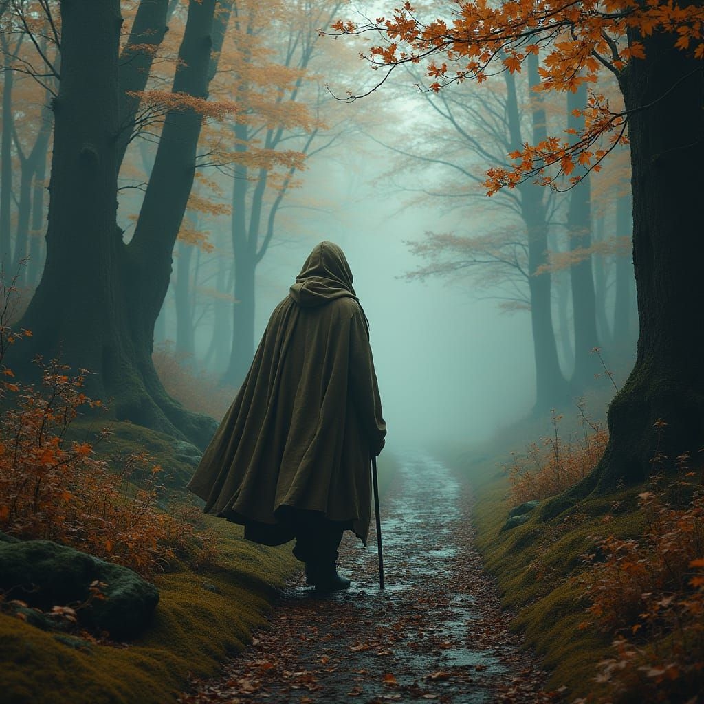 Mystical Traveler in Autumn Wonderland