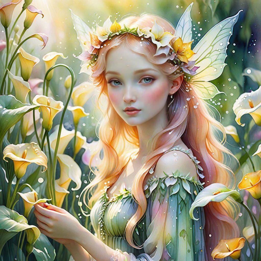 Whimsical Floral Fairy Perched on Calla Lily Blossom