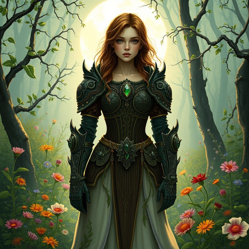 Ethereal Fantasy Warrior in Enchanted Moonlit Forest
