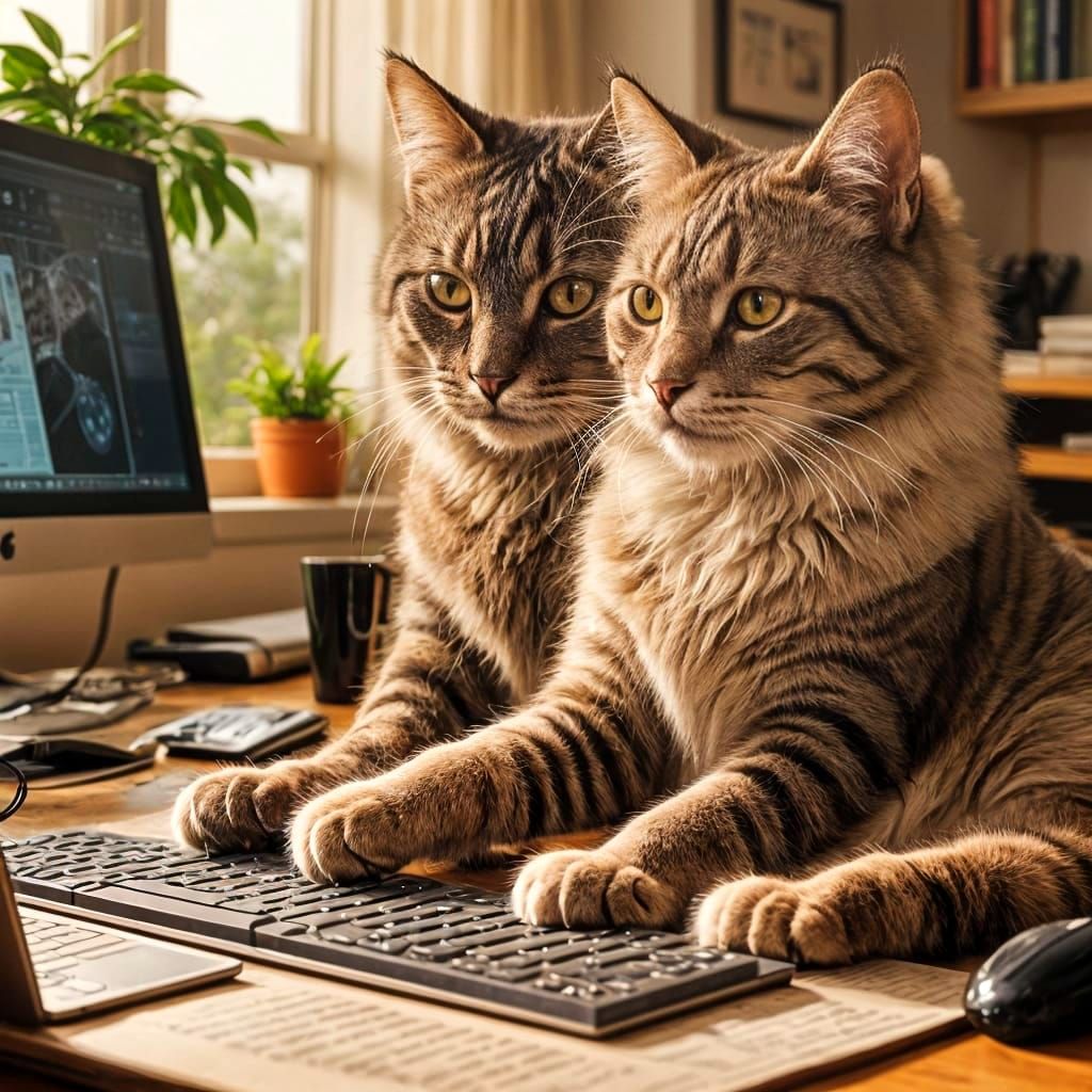 Whimsical Workplace Distracted by Feline Friend in Matte Pai...