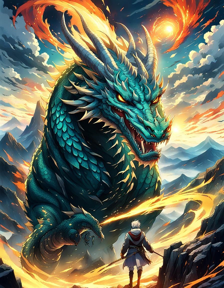 Dragon Shapeshifter on Mountain Peak in Anime Style