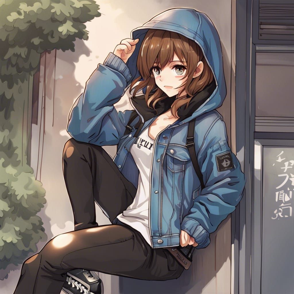 Anime Style Girl with Pixie Cut and Denim Jacket