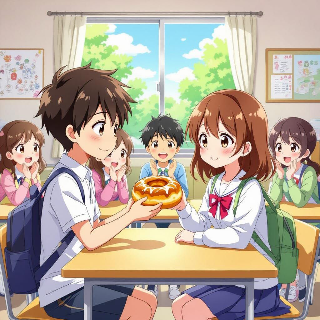 Cute Anime Scene: Boy Shares Treat with Girl