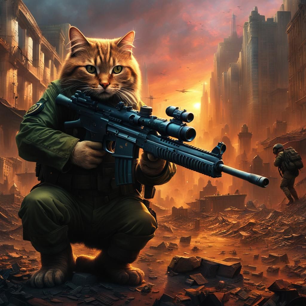 Cats in Military Suits: War-Torn Cityscape