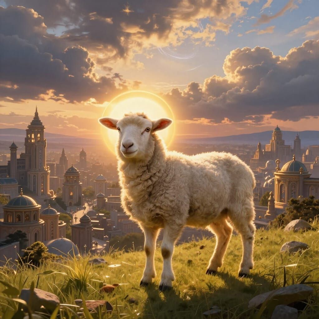 Ethereal Lamb Over Ancient City at Golden Hour