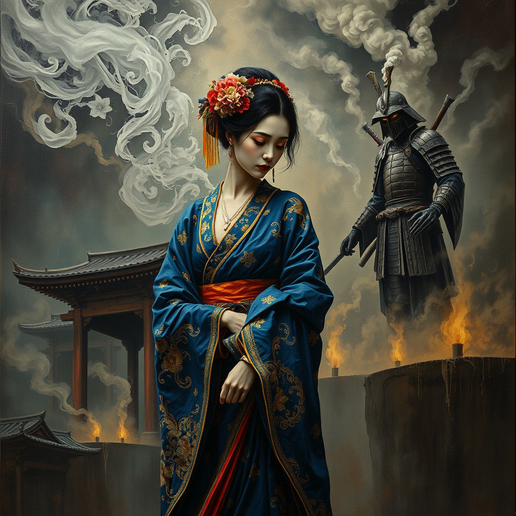 Geisha's Mourning: Spectral Samurai in Trompe l'oeil Style