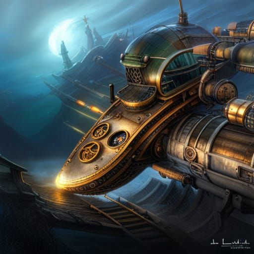 Steampunk Bio-Mechanical Submarine Dark Fantasy Concept Art