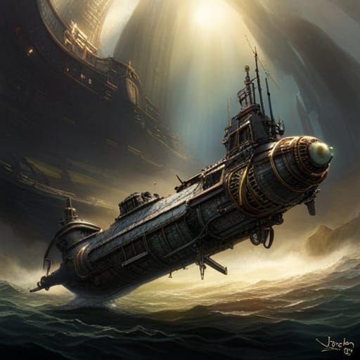 Steampunk Bio-Mechanical Submarine: Dark Fantasy Masterpiece