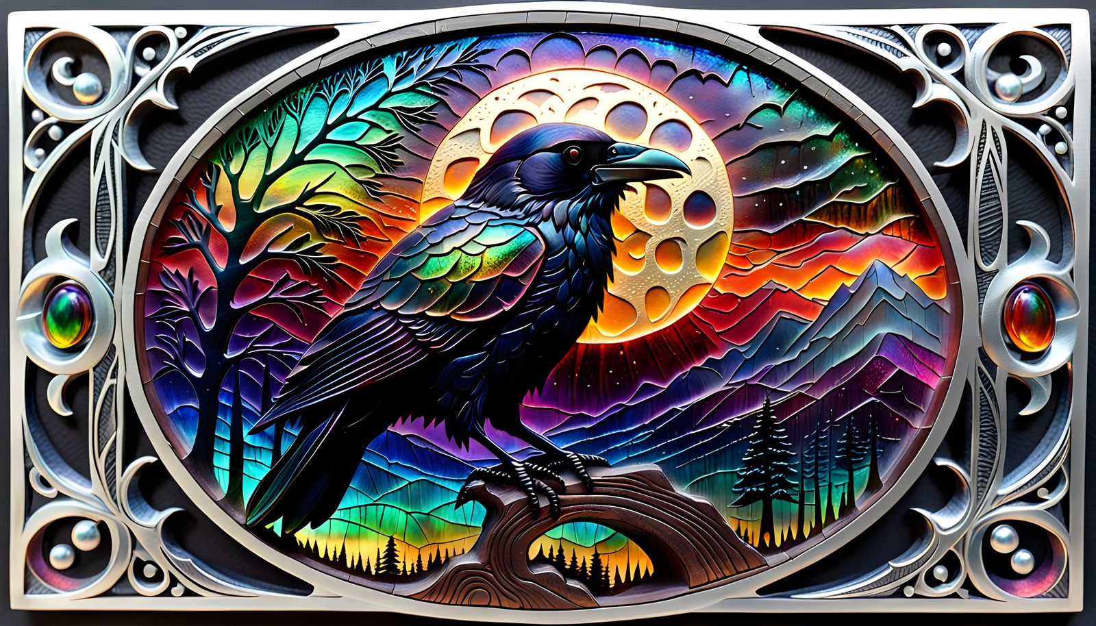 Iridescent Ammolite Raven Shines Under Full Moon