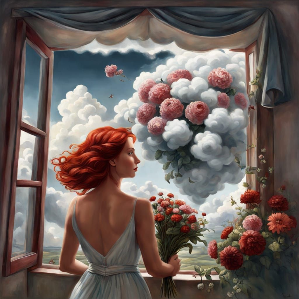 Surrealist Scene of Woman and Floating Florist