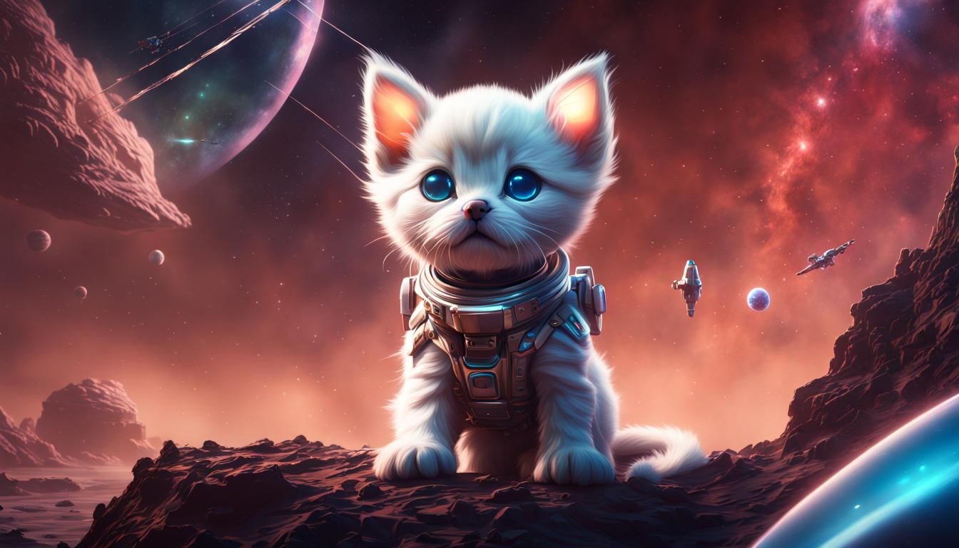 Kitten's Space Travel: Detailed Matte Painting