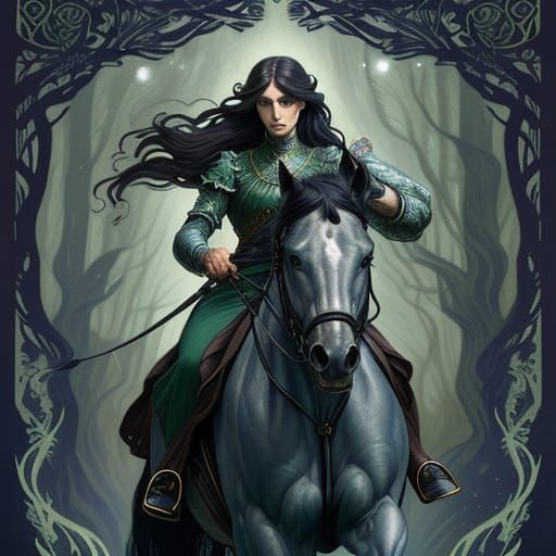 Art Nouveau Rogue Woman Riding Horse in Moonlit Forest