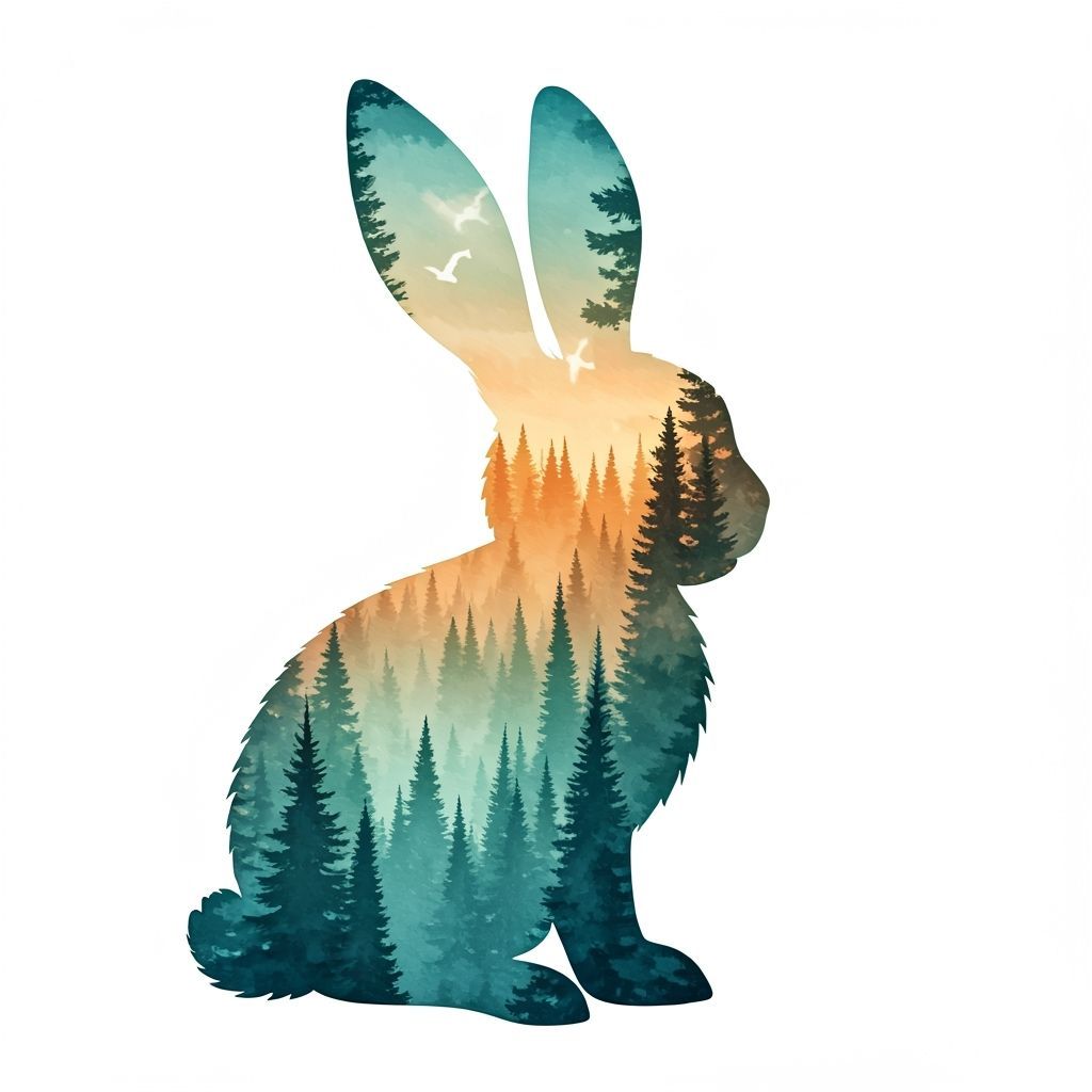 Watercolor Rabbit Silhouette Blending with Dawn Forest Lands...