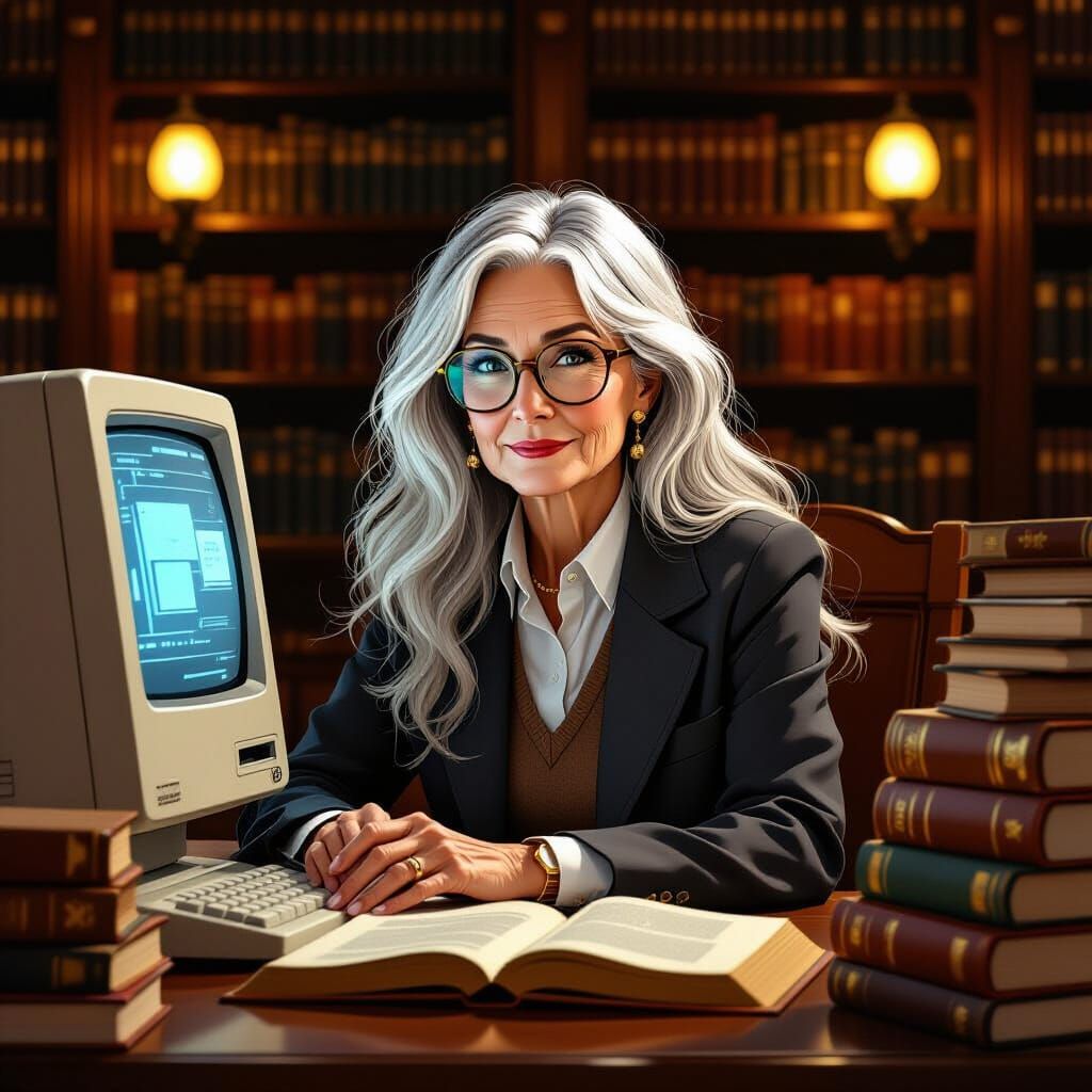 Retro Library Scene: Professor with Vintage Computer