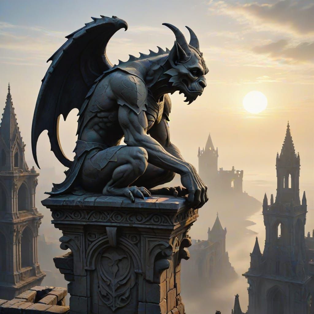 Gargoyle on Gothic Ruin at Sunset